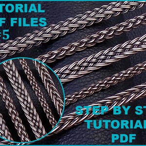Può includere: Cinque diverse catene metalliche intrecciate su uno sfondo di pelle nera. Le catene sono realizzate in filo d'argento e rame. L'immagine include il testo "TUTORIAL PDF FILES #5 STEP BY STEP TUTORIALS PDF".