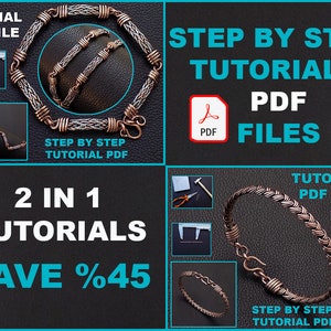 Könnte beinhalten: Zwei Schritt-für-Schritt-Anleitungen zum Herstellen von Drahtarmbändern. Das Bild zeigt ein silbernes und kupfernes Armband sowie ein kupfernes Armband. Der Text "2 IN 1 TUTORIALS SAVE %45" ist auf dem Bild zu sehen.
