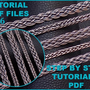 Könnte beinhalten: Fünf silberne geflochtene Ketten auf schwarzem Hintergrund. Das Bild enthält den Text "TUTORIAL PDF FILES #6 STEP BY STEP TUTORIALS PDF".