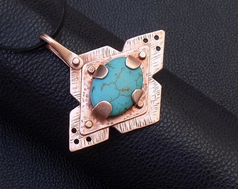 Pendant necklace with big oval Turquoise gemstone riveted textured copper sheets and 3mm leather cord with copper clasp