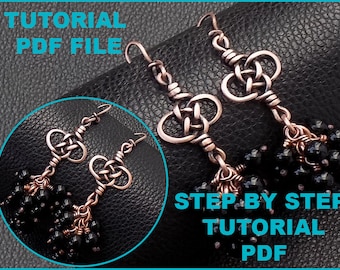 Instant Download PDF file celtic knots wire wrapping dangle long earrings tutorial PDF lesson, Earrings chandelier DIY tutorial pattern book