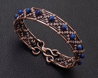 Lapis Lazuli Copper Cuff women gemstone Bracelet , Wire Wrapped Beaded Wristband