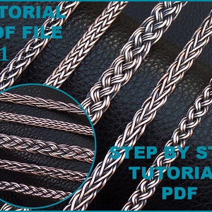 May include: Four silver braided chains on a black leather background. The image includes the text "TUTORIAL PDF FILE #1" and "STEP BY STEP TUTORIAL PDF".