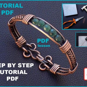 May include: A copper wire wrapped bracelet with green gemstone beads. The bracelet has a clasp closure. The image includes the text "TUTORIAL PDF" and "STEP BY STEP TUTORIAL PDF".