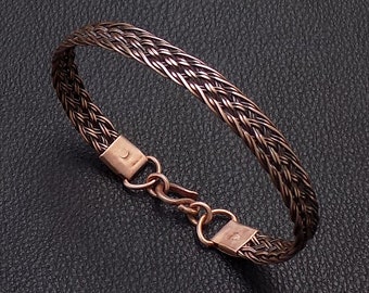 Braided woven pure copper dark color unique cuff men bracelet with handmade riveted copper sheet end caps, birthday gift for boyfriend dad