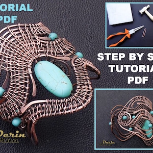 May include: A copper wire bracelet with turquoise stones and a woven design. The bracelet is shown on a hand. The image also includes a close-up of the tools used to make the bracelet and the text "STEP BY STEP TUTORIAL PDF".