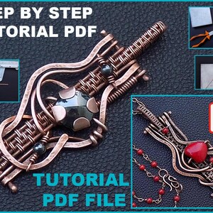 May include: A step-by-step tutorial PDF file for creating a copper wire jewelry piece. The piece features a woven design with a black stone and a red stone. The tutorial includes instructions and diagrams for creating the piece.