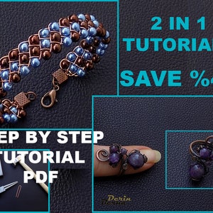 May include: Two step-by-step tutorials for making a wire-wrapped bracelet and ring with beads. The bracelet is made with brown and blue beads and the ring is made with purple stones. The image includes the text "2 in 1 Tutorials Save %40" and "Step by Step Tutorial PDF".