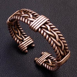 Adjustable pure copper cuff bangle bracelet , Braided wire wrapped wide men wristband
