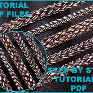 Könnte beinhalten: Fünf verschiedene geflochtene Kupferdrahtbänder, jedes mit einem einzigartigen Muster. Die Armbänder werden auf einem schwarzen Lederhintergrund gezeigt. Das Bild enthält den Text "TUTORIAL PDF FILES #9 STEP BY STEP TUTORIALS PDF".