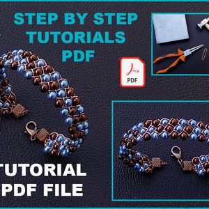 May include: A step-by-step tutorial PDF file for making a beaded bracelet. The bracelet is made with brown and blue beads and has a silver clasp. The image also shows tools needed for the project, including pliers and a hammer.