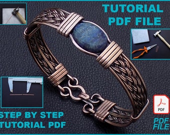 PDF files instant download braided cuff bracelet with gemstone tutorial book lesson, wire wrapping how to make jewelry DIY pattern