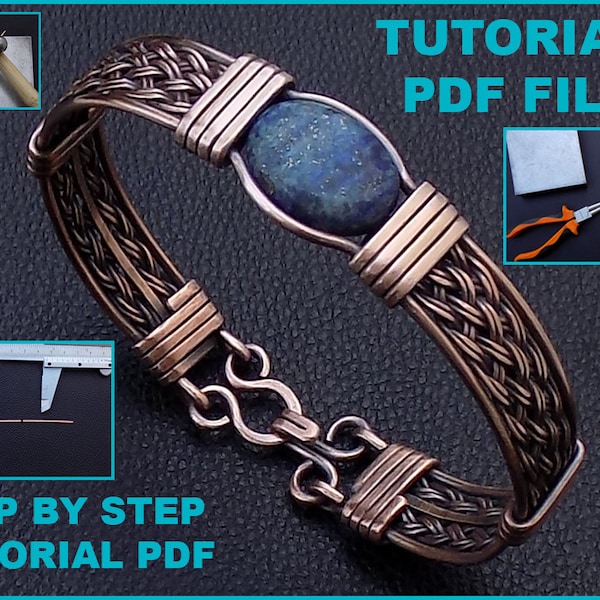 PDF files instant download braided cuff bracelet with gemstone tutorial book lesson, wire wrapping how to make jewelry DIY pattern