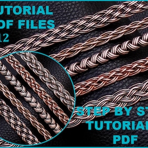 Op de afbeelding: Vijf verschillende stijlen van gevlochten koperdraad, elk met een uniek patroon. De afbeelding is gelabeld "Tutorial PDF Files #12" en "Stap voor stap Tutorials PDF".
