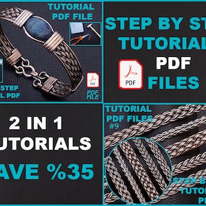 May include: A copper-colored braided bracelet with a blue oval stone in the center. The image includes text that says "STEP BY STEP TUTORIAL PDF" and "2 IN 1 TUTORIALS SAVE %35". The image also shows a PDF file icon.