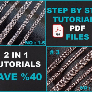 Peut inclure: Gros plan sur trois chaînes en argent avec différents motifs de tissage. L'image est divisée en deux sections. La section supérieure montre les chaînes numérotées 1 et 3, avec le texte "STEP BY STEP TUTORIALS PDF FILES" en bleu et rouge. La section inférieure montre le texte "2 IN 1 TUTORIALS SAVE %40" en bleu et rouge.