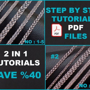 May include: Two sets of five silver chain link patterns, each set labelled with a number and a range of numbers. The text "STEP BY STEP TUTORIALS PDF FILES" is at the top of the image. The text "2 IN 1 TUTORIALS SAVE %40" is at the bottom of the image.