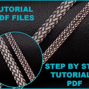 Könnte beinhalten: Zwei silberne Ketten mit geflochtenem Design, auf einer schwarzen Oberfläche präsentiert. Das Bild enthält den Text "TUTORIAL PDF FILES" und "STEP BY STEP TUTORIALS PDF".
