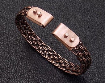 Rivetted end caps adjustable braided cuff bangle men bracelet, special unique birthday wristband gift for boyfriend dad or husband