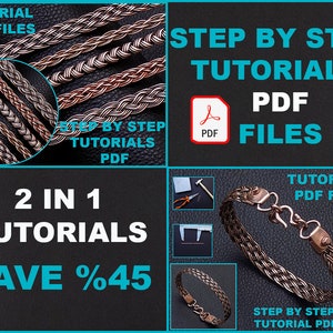 Könnte beinhalten: Bild mit Schritt-für-Schritt-PDF-Tutorials für die Schmuckherstellung. Das Bild zeigt geflochtene Metallarmbänder und den Text "TUTORIAL PDF FILES" und "SAVE %45". Die Tutorials sind mit "2 IN 1 TUTORIALS" gekennzeichnet.
