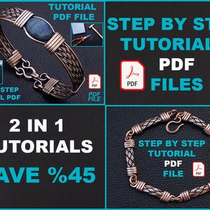 May include: Two step-by-step jewelry making tutorials in PDF format. The image shows two bracelets, one with a blue stone and one with a braided design. The text "2 IN 1 TUTORIALS SAVE %45" is displayed on a black background.