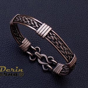 Pure copper men cuff bracelet, Braided wire wrapped handcrafted copper bangle wristband, unique special birthday gift for men