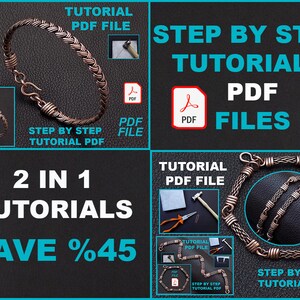 Könnte beinhalten: Zwei Schritt-für-Schritt-Anleitungen zum Herstellen von Kupferdraht-Armbändern. Das Bild zeigt zwei verschiedene Armbänder, eines mit einem geflochtenen Design und das andere mit einem Ketten-Design. Die Anleitungen sind als PDF-Dateien verfügbar und werden als 2-in-1-Paket mit 45% Rabatt angeboten.