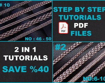 May include: Four silver chains with different weave patterns, labelled #10, #2, NO: 46-50, and NO: 6-10. The image includes the text "STEP BY STEP TUTORIALS PDF FILES" and "2 IN 1 TUTORIALS SAVE %40".