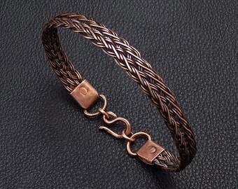 Riveted cuff bracelet, Woven braided wristband with handmade riveted pure copper sheet end caps, Unique birthday gift for dad or husband