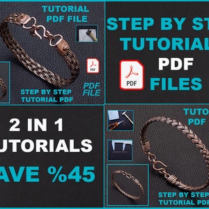 Könnte beinhalten: Zwei Schritt-für-Schritt-Anleitungen zum Herstellen eines geflochtenen Kupferarmbands. Das Bild zeigt zwei verschiedene Armbänder, jedes mit einem anderen Flechtmuster. Der Text "2 IN 1 TUTORIALS SAVE %45" wird auf einem schwarzen Hintergrund angezeigt.
