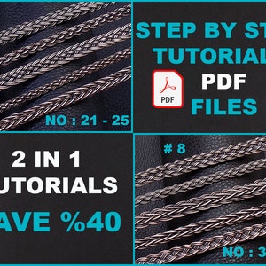 May include: Two sets of step-by-step tutorials for making braided jewelry. Each set includes five tutorials, numbered 21-25 and 36-40. The tutorials are available as PDF files. The image shows close-up photos of the finished jewelry pieces.