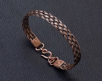 Riveted cuff bracelet , Woven braided wristband with handmade riveted pure copper sheet end caps ,Unique men gift for 7th copper anniversary