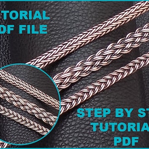 May include: Three braided copper chains of different widths on a black leather background. The image includes the text "TUTORIAL PDF FILE" and "STEP BY STEP TUTORIAL PDF".