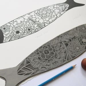 Floral Fish Original Lino Print of Fish, Handmade, Original Print, Printmaking, Australian, Floral Flower Pattern, Decorative image 2