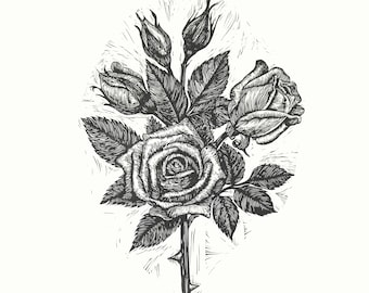Roses Linoprint Linocut Flowers Floral Bouquet Romantic Wedding Gift Valentine Botanical Illustration