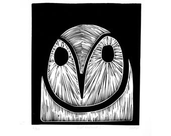 Owl Portrait I Linocut Linoprint Limited Edition Relief Carve Printmaking Printmaker Bird Birds Barn Owl