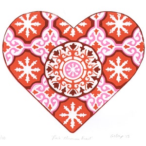 Pink Moroccan Heart Lino Print Handmade Original