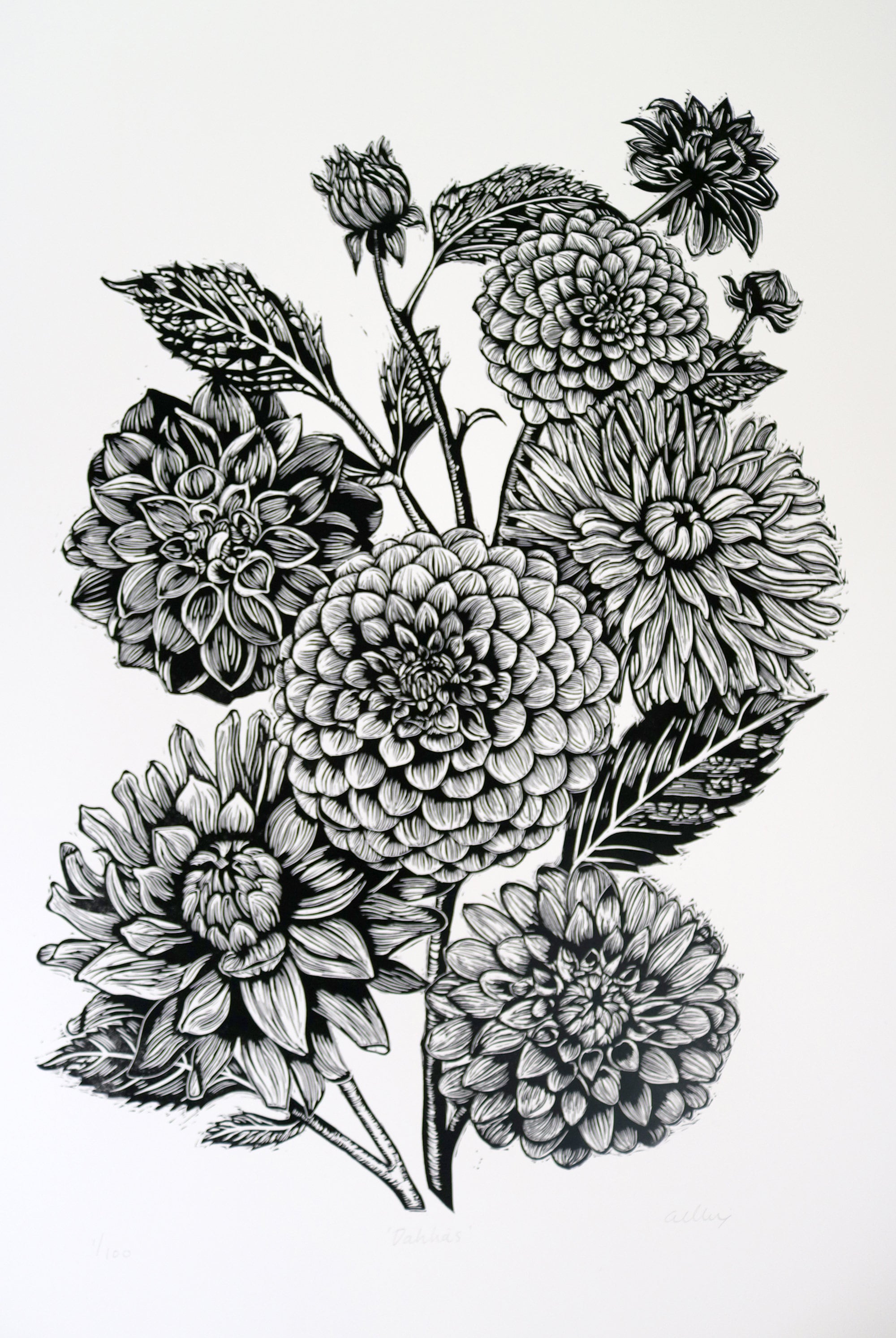 Dahlias Flower Lino Print Relief Cut Handmade Limited Edition