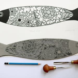 Floral Fish Original Lino Print of Fish, Handmade, Original Print, Printmaking, Australian, Floral Flower Pattern, Decorative image 1