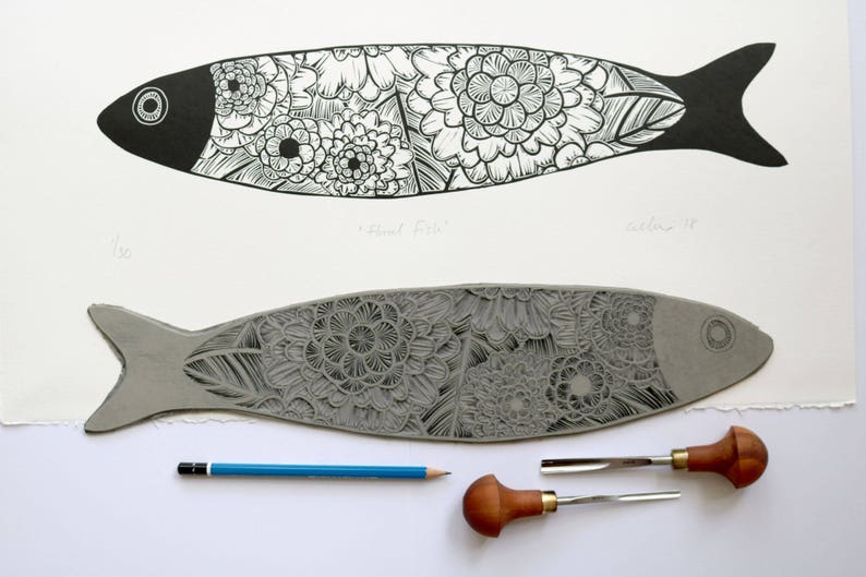 Floral Fish Original Lino Print of Fish, Handmade, Original Print, Printmaking, Australian, Floral Flower Pattern, Decorative image 1