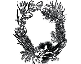 Native Wreath II Lino Print Original Artwork Limited Edition Floral Australian Flower Botanical Flora Indigenous Illustration