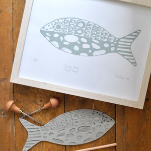 Curly Fish, Light Grey, Limited Edition, Original Lino Relief Print, Handmade, Australian, Linocut image 4