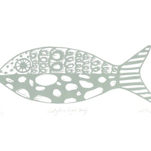 Curly Fish, Light Grey, Limited Edition, Original Lino Relief Print, Handmade, Australian, Linocut image 1