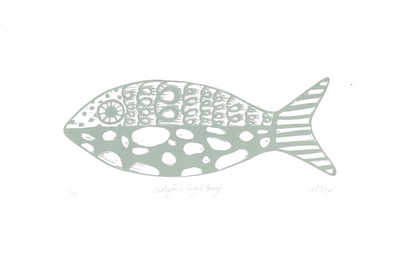 Curly Fish, Light Grey, Limited Edition, Original Lino Relief Print, Handmade, Australian, Linocut image 1