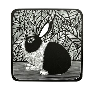 Domino - Rabbit Original Lino Artwork, Lino Print, Handmade, Limited Edition, Animal, Artwork, Printmaking, Nursery, Lapin, Leaves, Pet,