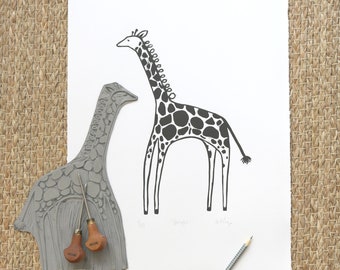 Giraffe Lino Print Limited Edition Relief Print African Animal Childs Artwork Decor Bedroom Nursery Safari Black and White