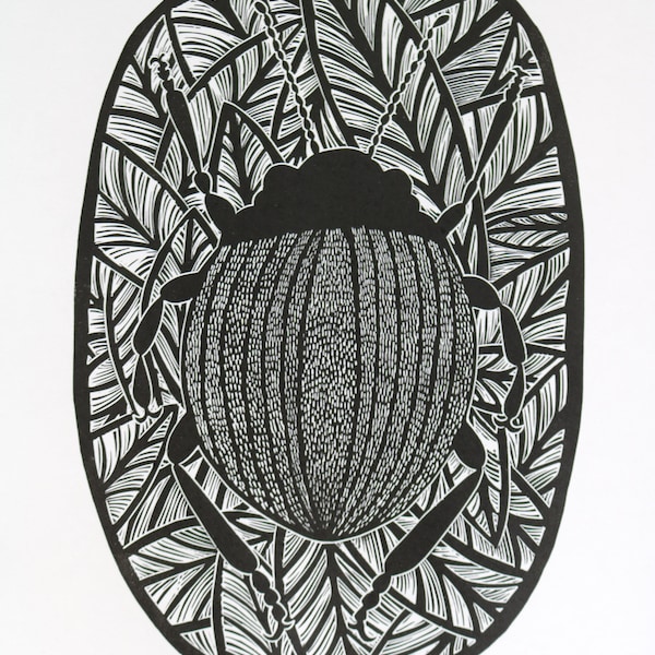 Beetle Lino Print  Original Lino Artwork, Lino Cut, Handmade, Limited Edition, Bug, Insect, Leaves, Organic Pattern, Woodcut, Relief Print