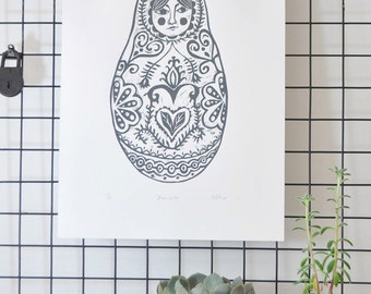 Original Lino Print of Babushka, Dark Grey, Printmaking, Linocut, Original Print, Handmade