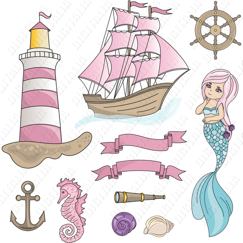 Download Mermaid Pirate Ship Clipart Mermaid Clip art Little | Etsy