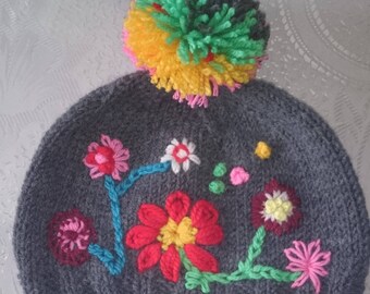 Women's Hats , Embroidered hat, Floral Knit Caps, Winter knit hats, Knitted winter caps, Floral embroidery, Pompon beanie,  Womens knit hats